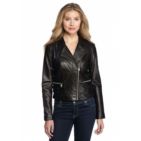 New! ANDREW MARC New York Women's Black Moto Biker Leather Jacket Full Zip Small - Picture 1 of 7